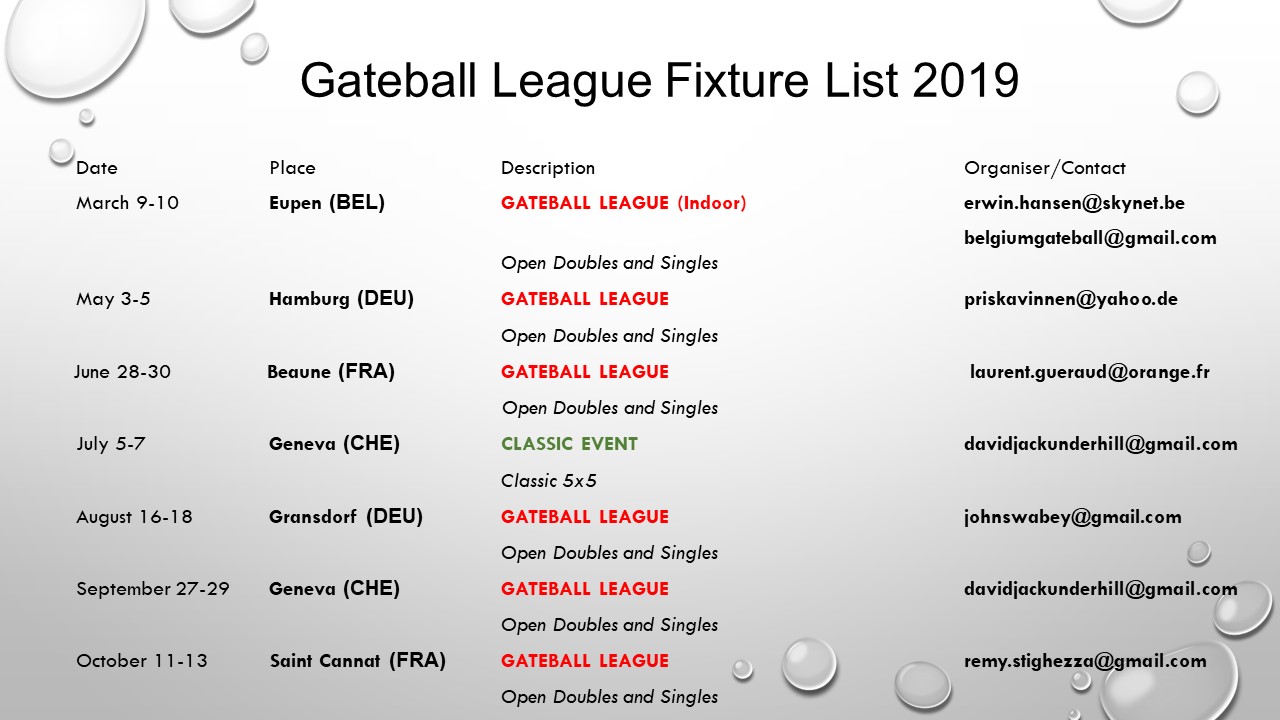 Gateball League Fixture List 2019