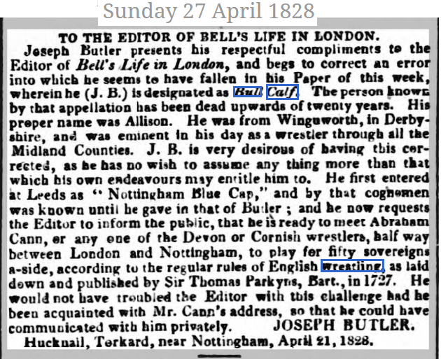1820s Notts Champion Wrestler Joseph Butler