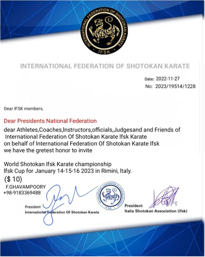 World Shotokan IFSK Championship letter