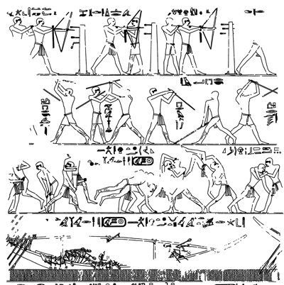 Engravings at the Abusir necropolis showing scenes of archery wrestling and stick fighting