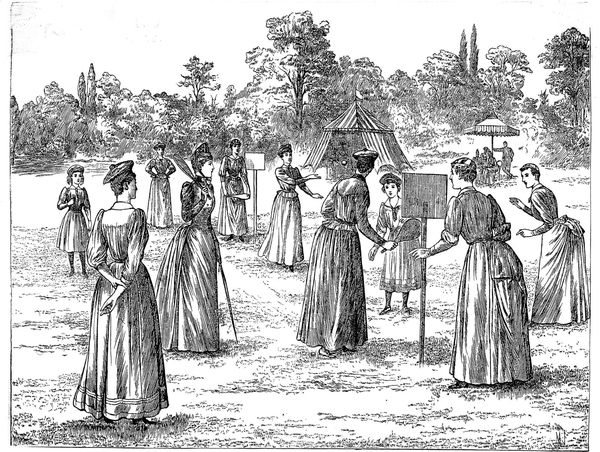 Drawing of stoolball from Girls Own magazine 1891